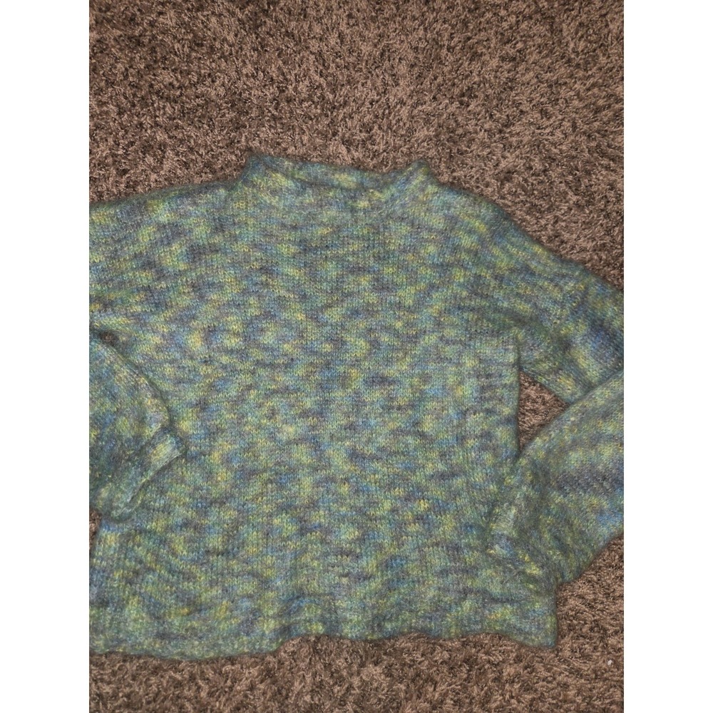Fuzzy Kid Mohair Wool Mock Neck Sweater Crop Space Dye Green Blue Yellow Small